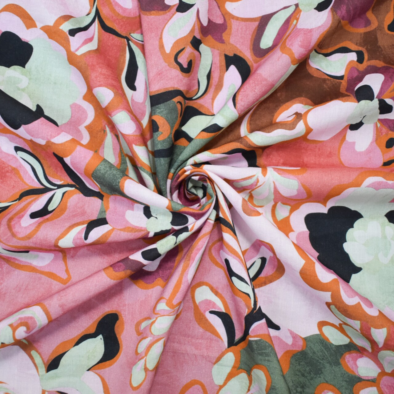Pink-Orange-Multi Cotton-Rayon Abstract Floral Printed Lawn Woven Fabric By the Yard